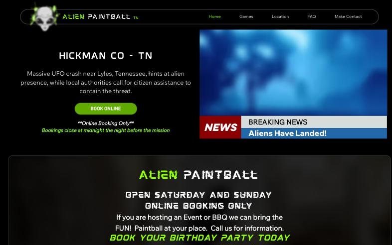 Alien Paintball TN website homepage